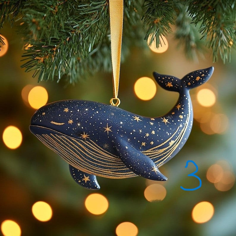 Custom Celestial Whale 2D FLAT Christmas Ornament - Cosmic Ocean Tree Decoration With Gold Star Constellations