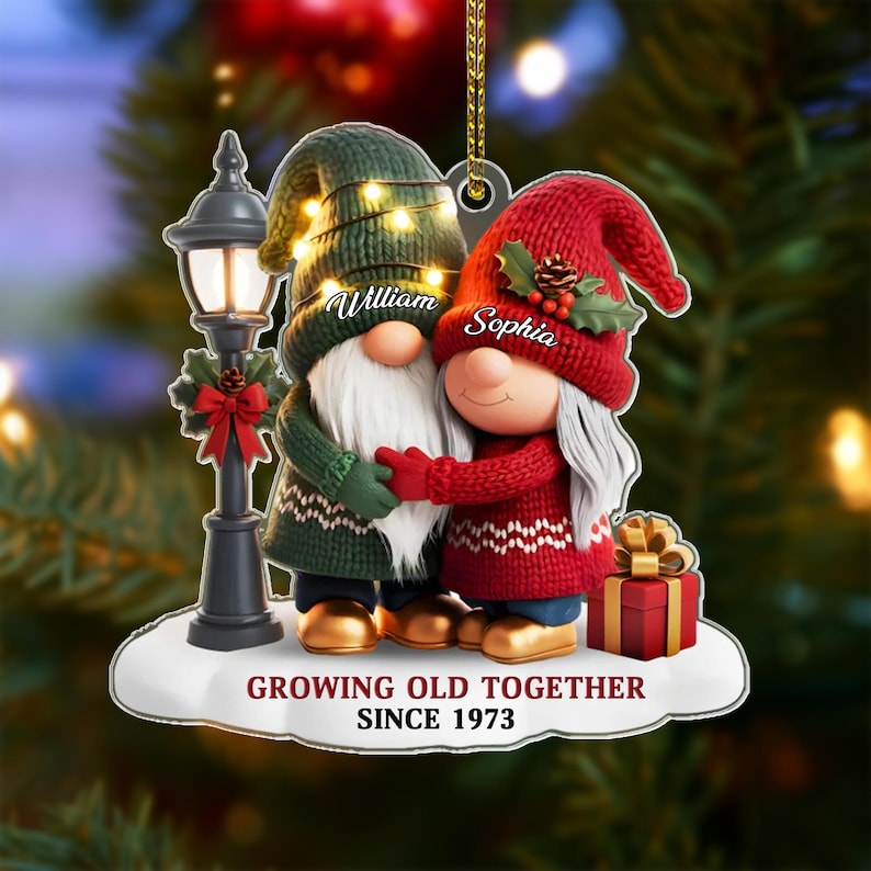 Growing Old Together Ornament with Names - Custom Christmas Decoration for Couples, Gnome Lovers, Persoanlized Anniversary Gift