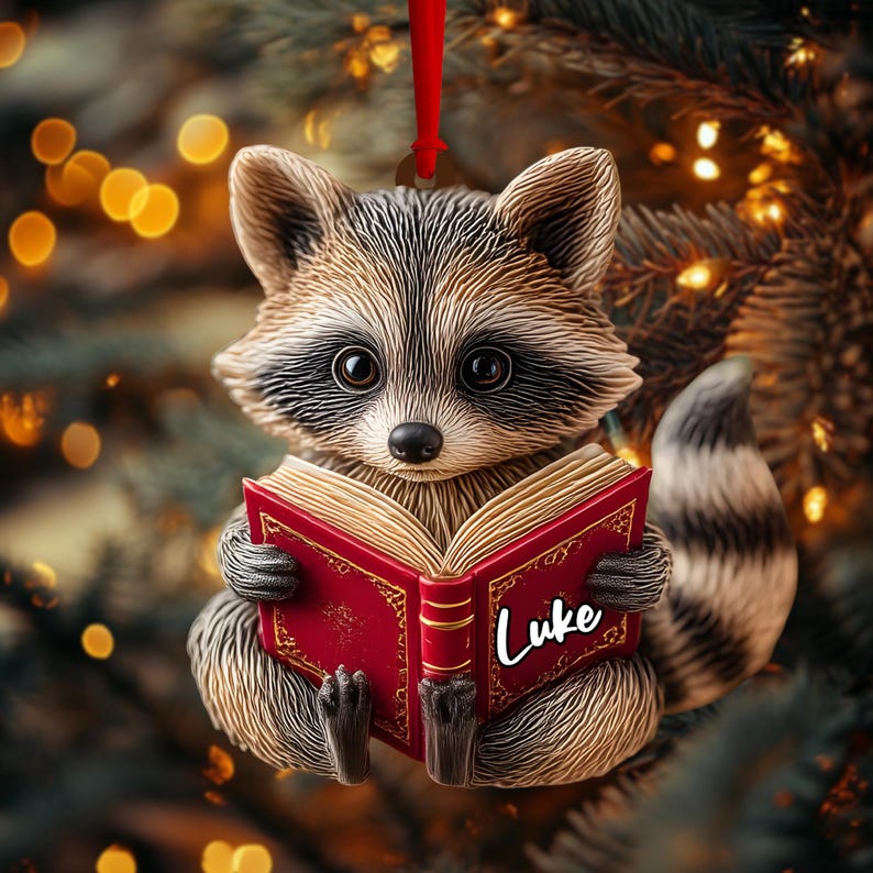 Custom Name Raccoon Christmas Ornament, Woodland Animal Reading Red Book, Personalized Name & Year, Kids Gift, Xmas Tree Decor, Holiday 2025
