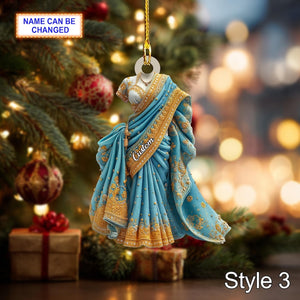 Custom Name Indian Saree Woman Ornament, 2D Flat Acrylic Christmas Tree Hanging, Traditional Ethnic Dress Decor, Holiday Gift