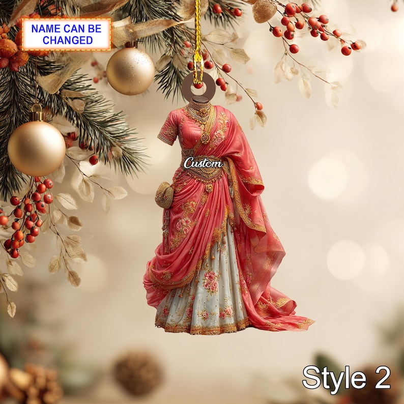 Custom Name Indian Saree Woman Ornament, 2D Flat Acrylic Christmas Tree Hanging, Traditional Ethnic Dress Decor, Holiday Gift