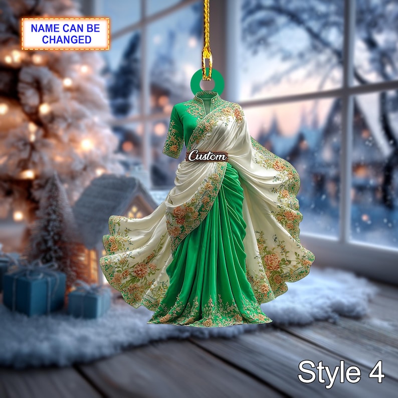 Custom Name Indian Saree Woman Ornament, 2D Flat Acrylic Christmas Tree Hanging, Traditional Ethnic Dress Decor, Holiday Gift