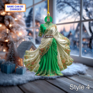 Custom Name Indian Saree Woman Ornament, 2D Flat Acrylic Christmas Tree Hanging, Traditional Ethnic Dress Decor, Holiday Gift
