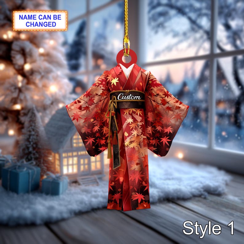 Custom Name Japanese Kimono Woman Ornament, 2D Flat Acrylic Christmas Ornament, Traditional Asian Dress Decor, Holiday Gift