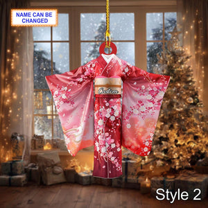 Custom Name Japanese Kimono Woman Ornament, 2D Flat Acrylic Christmas Ornament, Traditional Asian Dress Decor, Holiday Gift