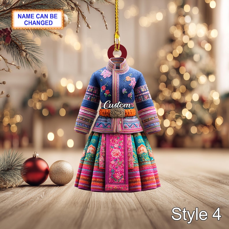 Custom Name H Mong Ethnic Woman Ornament, 2D Flat Acrylic Christmas Tree Decor, Traditional Hill Tribe Dress Ornament, Cultural Gift