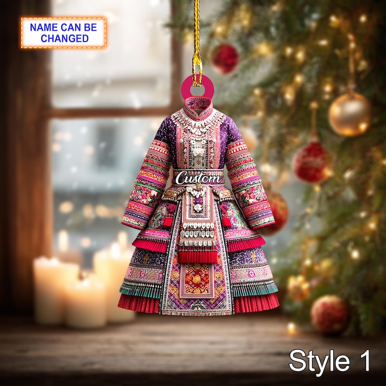 Custom Name H Mong Ethnic Woman Ornament, 2D Flat Acrylic Christmas Tree Decor, Traditional Hill Tribe Dress Ornament, Cultural Gift