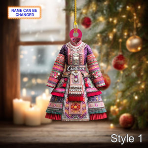 Custom Name H Mong Ethnic Woman Ornament, 2D Flat Acrylic Christmas Tree Decor, Traditional Hill Tribe Dress Ornament, Cultural Gift