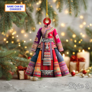 Custom Name H Mong Ethnic Woman Ornament, 2D Flat Acrylic Christmas Tree Decor, Traditional Hill Tribe Dress Ornament, Cultural Gift