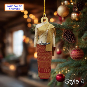 Custom Name Lao Traditional Woman Ornament, 2D Flat Acrylic Christmas Ornament, Ethnic Sinh Dress Decor, Handmade Holiday Gift