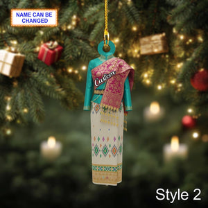 Custom Name Lao Traditional Woman Ornament, 2D Flat Acrylic Christmas Ornament, Ethnic Sinh Dress Decor, Handmade Holiday Gift