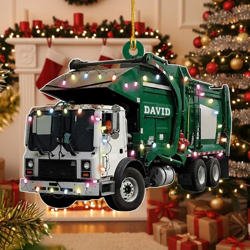 Personalized Garbage Truck Christmas Ornament: Custom Sanitation Worker Gift 2D FLAT