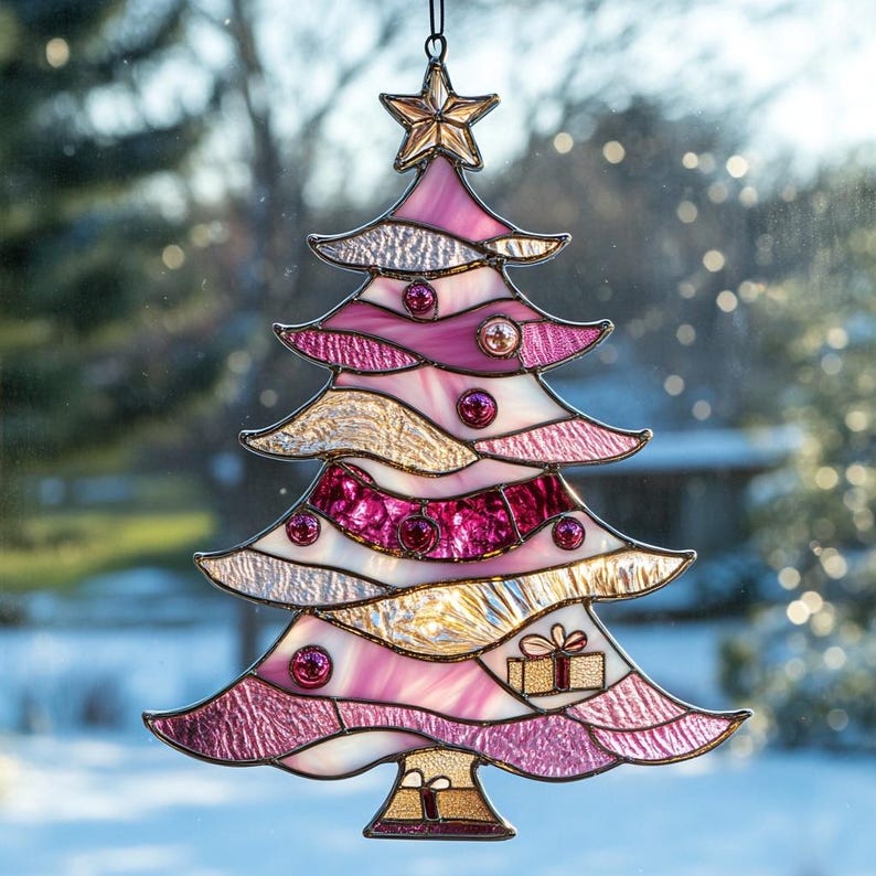 Pink Christmas Tree Acrylic Suncatcher - Faux Acrylic Window Hanging With Ornaments And Gifts Holiday Pastel Decor