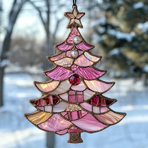 Pink Christmas Tree Acrylic Suncatcher - Faux Acrylic Window Hanging With Ornaments And Gifts Holiday Pastel Decor