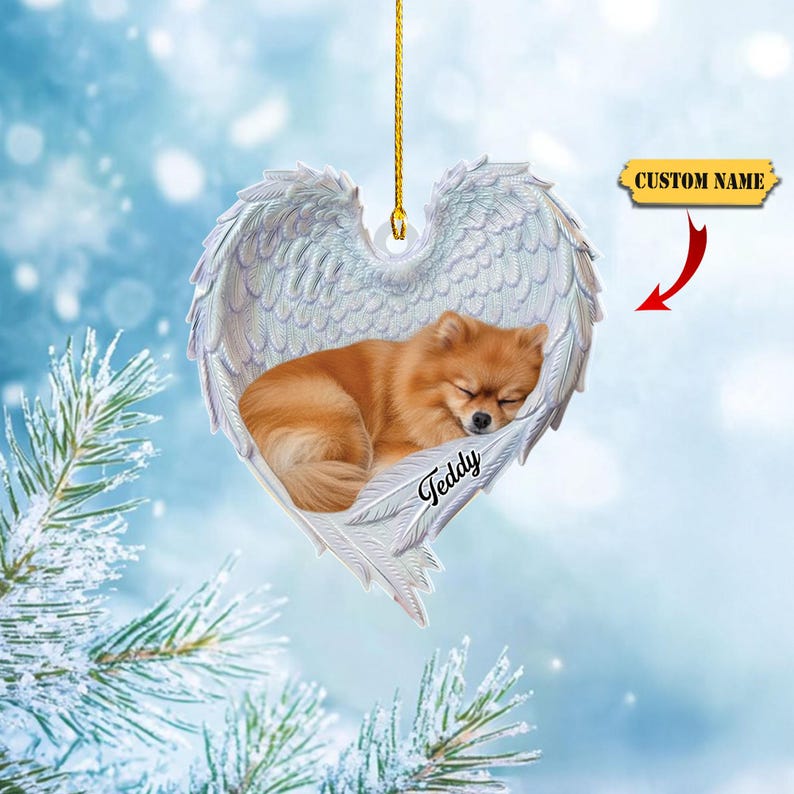 Personalized Pomeranian Dog Sleeping Angel Wings Ornament, Pomeranian Dog Christmas Ornament Gift, Pomeranian Dog Car Ornament