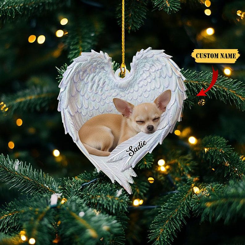 Personalized Chihuahua Dog Sleeping Angel Wings Ornament, Chihuahua Dog Christmas Ornament, Dog Car Ornament Gift For Pet Lover