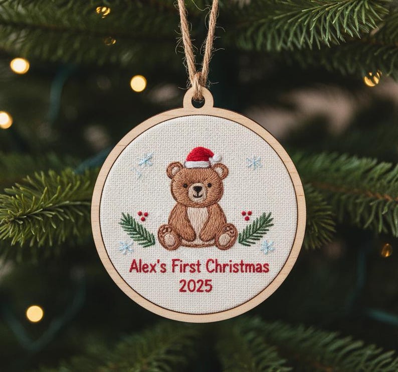 Hand Embroidered Baby's first Christmas Ornament, Custom Embroidered Hoop Ornament, Christmas Decor, Holiday Decor, Christmas Tree Decor.