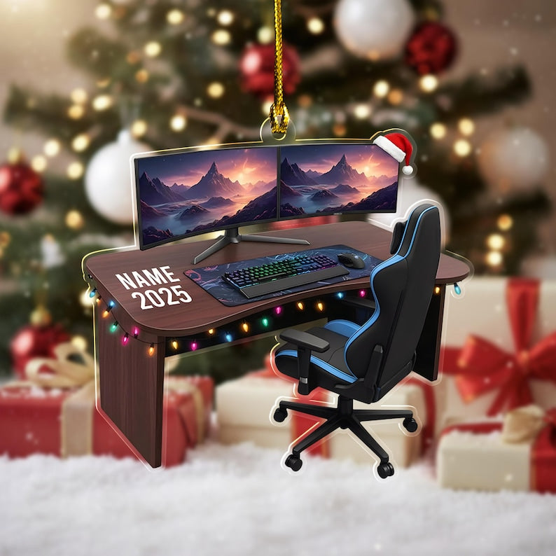 Personalized Gaming PC Ornament 2025, Custom Name RGB Computer Setup Christmas Tree Decor, Tech Gift For Gamer