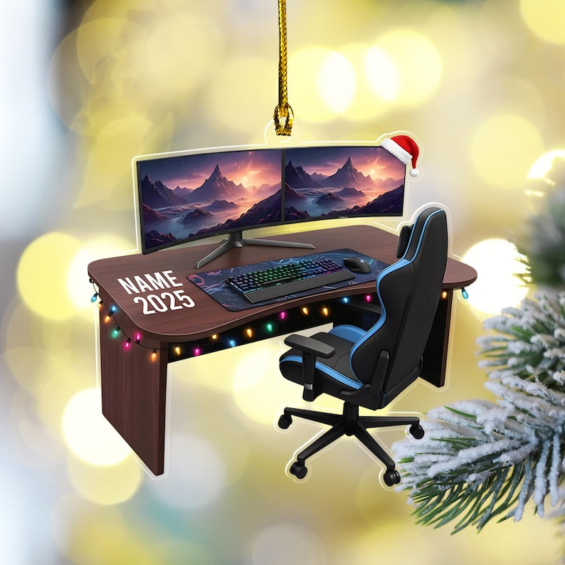 Personalized Gaming PC Ornament 2025, Custom Name RGB Computer Setup Christmas Tree Decor, Tech Gift For Gamer