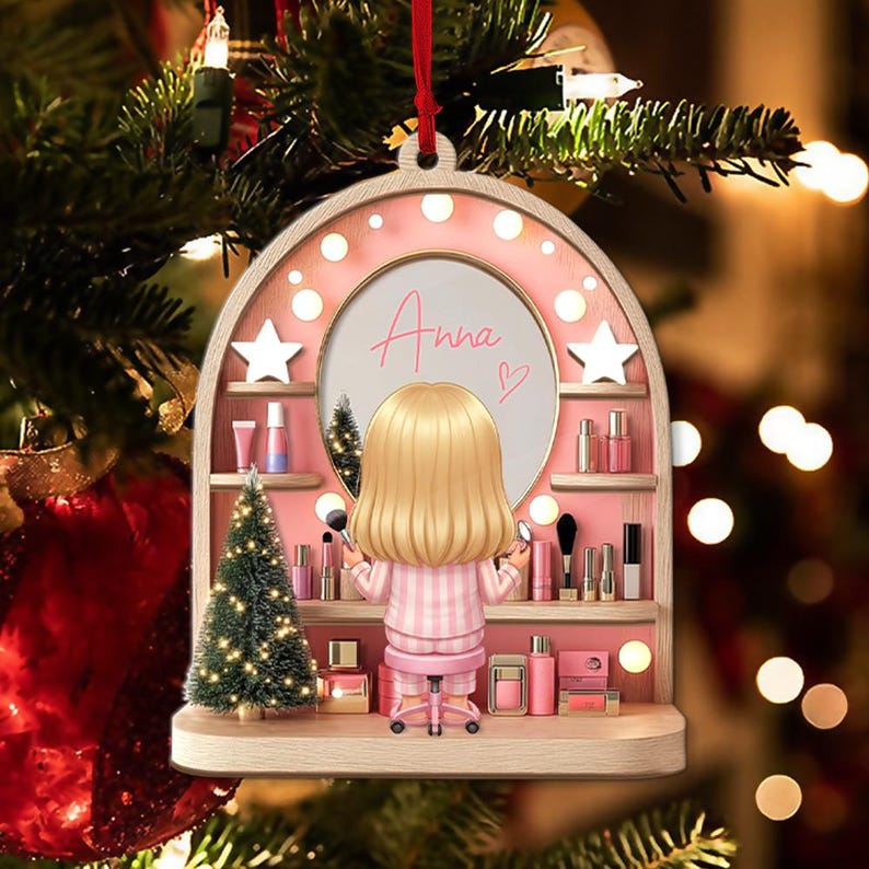 Custom Girls Makeup Table Ornament, Personalized Makeup Artist Ornaments, Beauty Lover Gift, Pink Christmas Gifts, Acrylic Cosmetic Keepsake