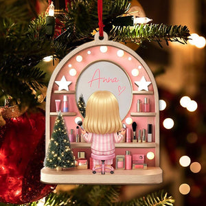 Custom Girls Makeup Table Ornament, Personalized Makeup Artist Ornaments, Beauty Lover Gift, Pink Christmas Gifts, Acrylic Cosmetic Keepsake