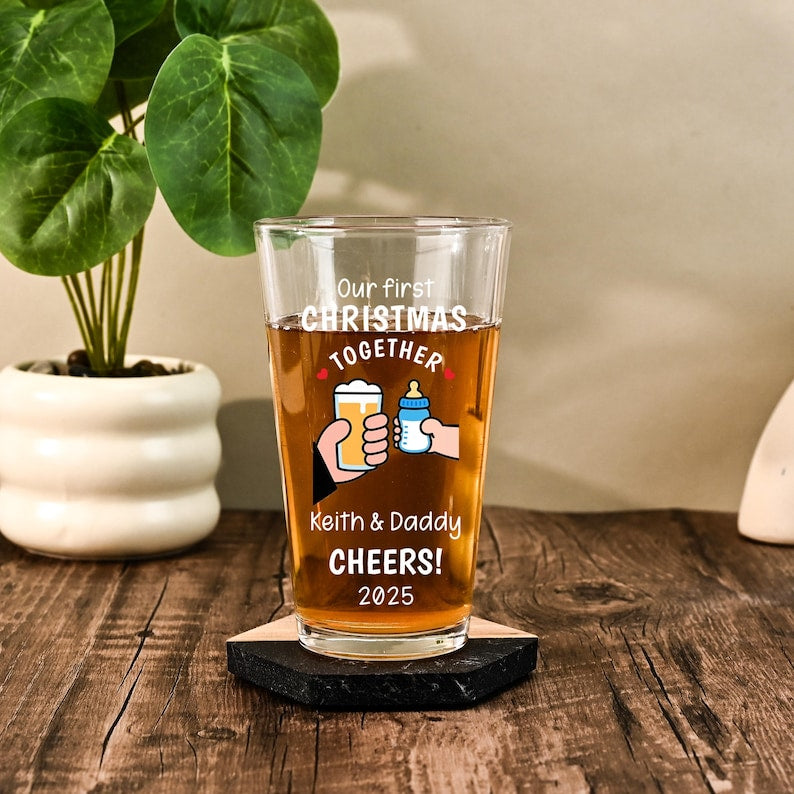 Custom Christmas Daddy Beer Glass, Our First Christmas Togther Father Gift 2026, Gift for Husband, New Dad Gift Wine Glass First Time Dad