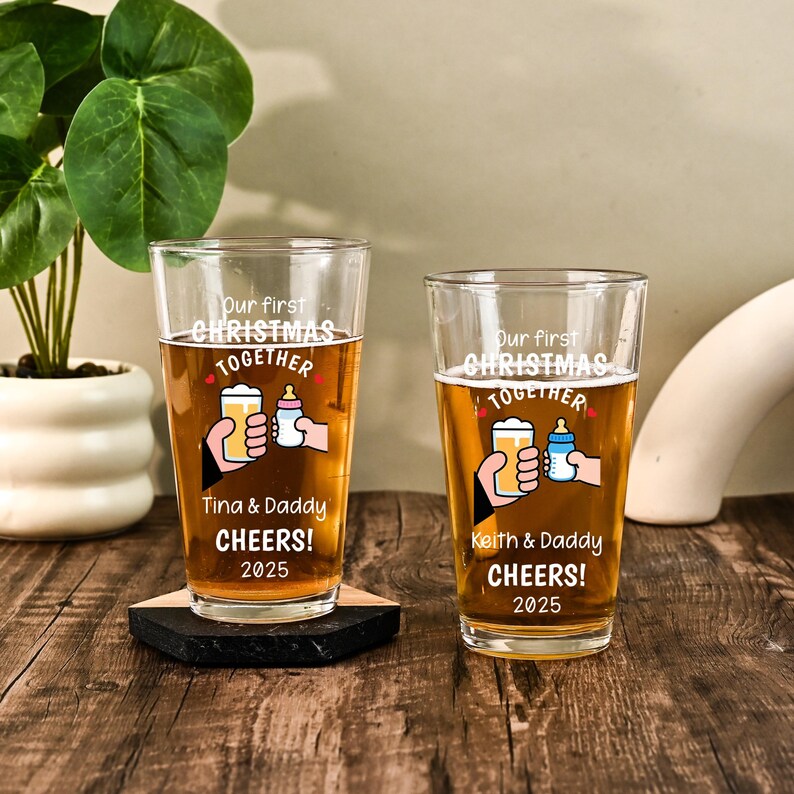 Custom Christmas Daddy Beer Glass, Our First Christmas Togther Father Gift 2026, Gift for Husband, New Dad Gift Wine Glass First Time Dad