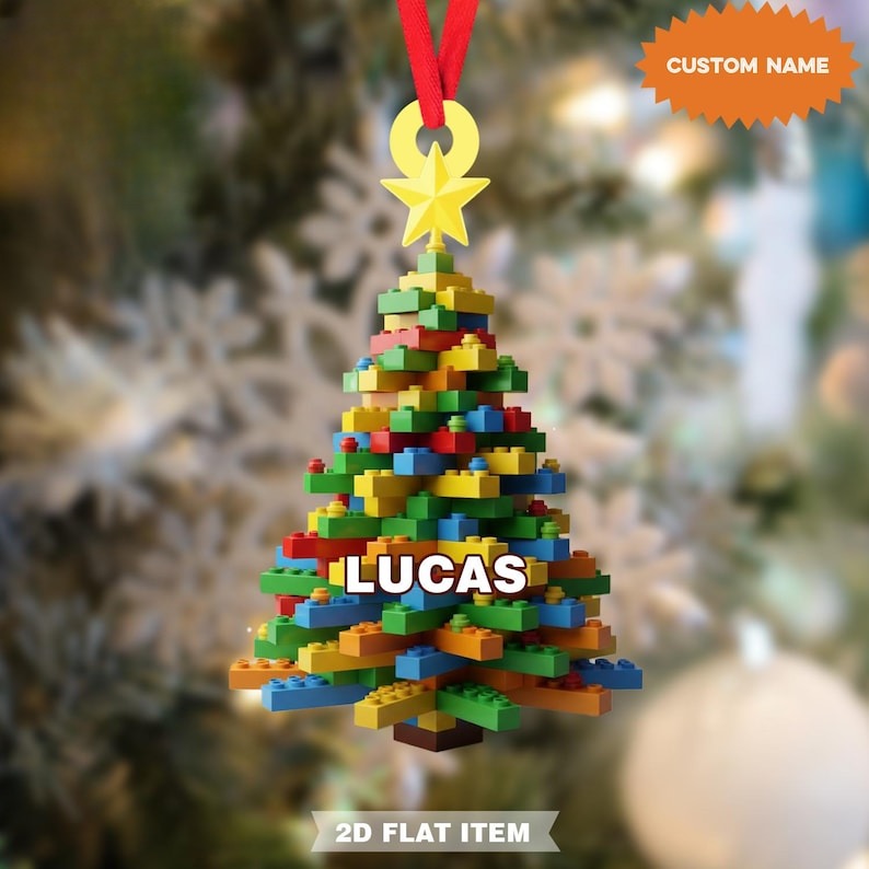 Personalized Building Block Christmas Tree Ornament, Holiday Decoration, Colorful Brick Tree Gift for Kids, Christmas Gift