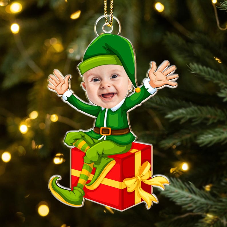 Personalized Elf Christmas Ornament: Funny Elf Faces Ornament, Custom Photo Gift for Family, Coworkers