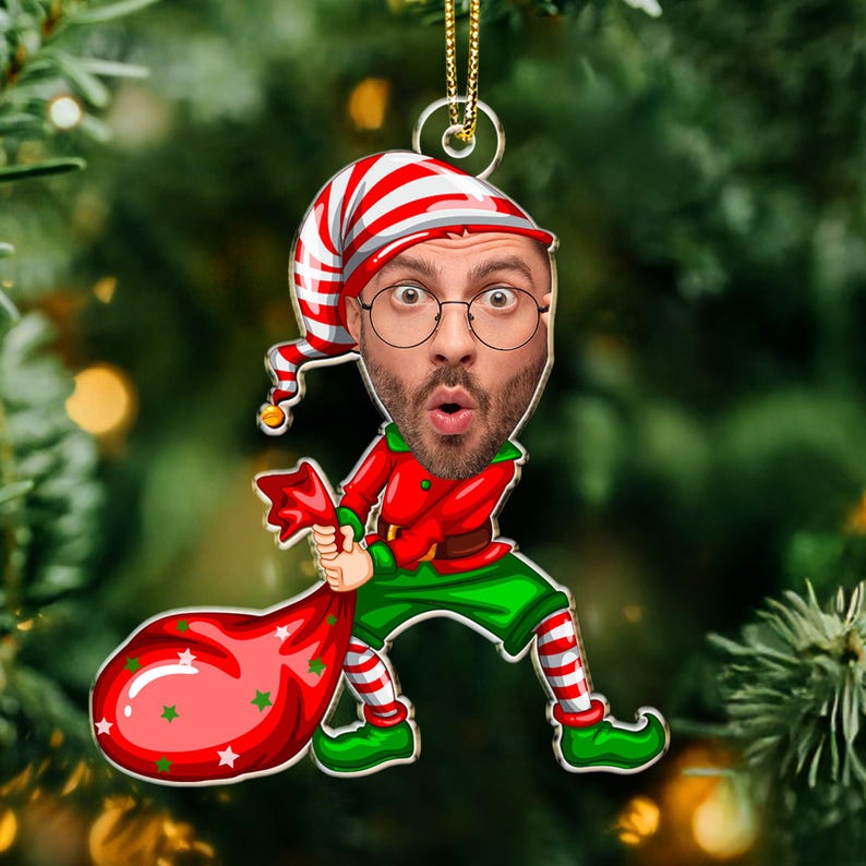 Personalized Elf Christmas Ornament: Funny Elf Faces Ornament, Custom Photo Gift for Family, Coworkers