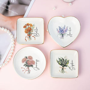 Personalised Birth Flower Trinket Dish,Custom Name Ring Dish,Wedding Bridesmaid Gift,Birthday Jewelry Dish for Her,Christmas Gifts for Mom