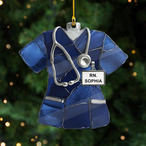 Nurse Scrubs 2D Flat Ornament Personalized RN Scrub Ornament with Stethoscope, Custom Nurse Christmas Ornament Gift, RN Gift for Nurse