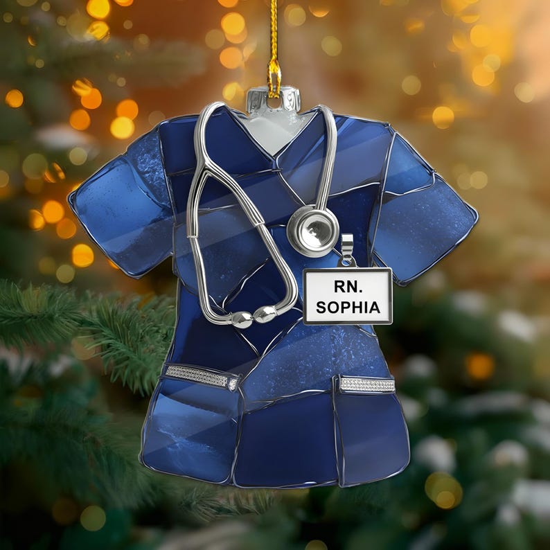 Nurse Scrubs 2D Flat Ornament Personalized RN Scrub Ornament with Stethoscope, Custom Nurse Christmas Ornament Gift, RN Gift for Nurse
