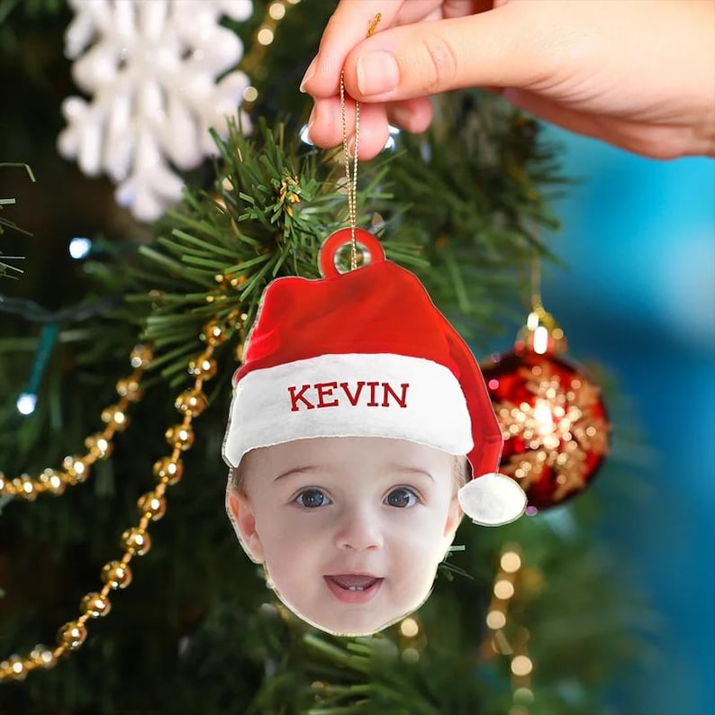 Custom Photo Funny Family Face With Santa s Hat Acrylic Christmas Ornament, Personalized Ornament For Families And Friends, Holiday Keepsa