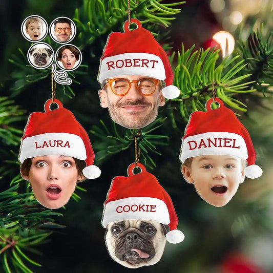 Custom Photo Funny Family Face With Santa s Hat Acrylic Christmas Ornament, Personalized Ornament For Families And Friends, Holiday Keepsa