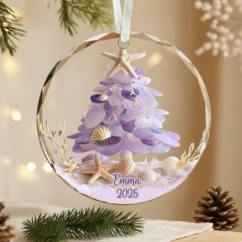 Personalized Sea Glass Christmas Tree Ornament, Beach Christmas, Ocean Lover Gift, Coastal Ornament, Christmas Tree With Shells, Starfish