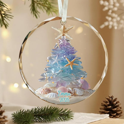 Personalized Sea Glass Christmas Tree Ornament, Beach Christmas, Ocean Lover Gift, Coastal Ornament, Christmas Tree With Shells, Starfish