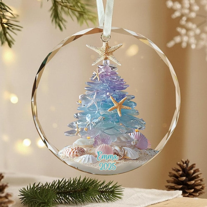Personalized Sea Glass Christmas Tree Ornament, Beach Christmas, Ocean Lover Gift, Coastal Ornament, Christmas Tree With Shells, Starfish