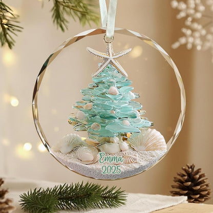 Personalized Sea Glass Christmas Tree Ornament, Beach Christmas, Ocean Lover Gift, Coastal Ornament, Christmas Tree With Shells, Starfish