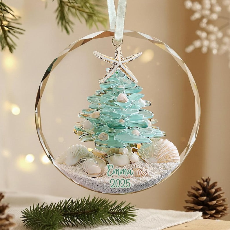 Personalized Sea Glass Christmas Tree Ornament, Beach Christmas, Ocean Lover Gift, Coastal Ornament, Christmas Tree With Shells, Starfish