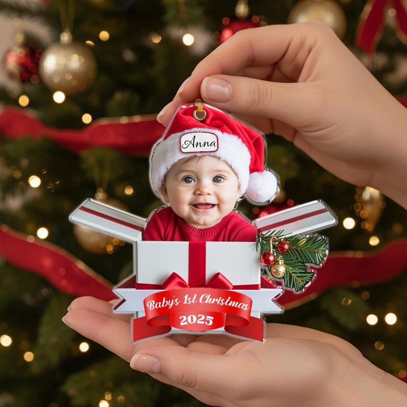 Personalized Baby s First Christmas Ornament 2025,Custom Baby Photo Ornament,Newborn Keepsake Gift Box,Flat Acrylic Xmas Decor,Funny Newborn