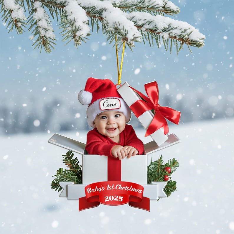 Personalized Baby s First Christmas Ornament 2025,Custom Baby Photo Ornament,Newborn Keepsake Gift Box,Flat Acrylic Xmas Decor,Funny Newborn