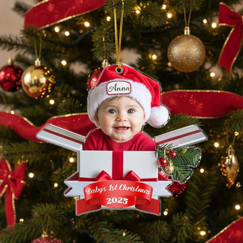 Personalized Baby s First Christmas Ornament 2025,Custom Baby Photo Ornament,Newborn Keepsake Gift Box,Flat Acrylic Xmas Decor,Funny Newborn