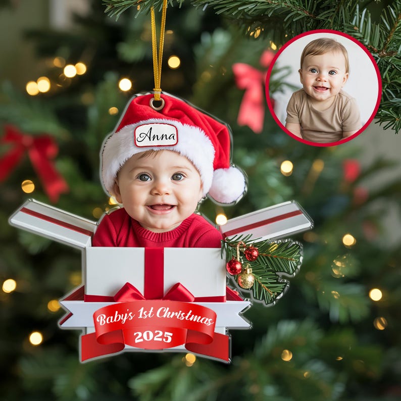 Personalized Baby s First Christmas Ornament 2025,Custom Baby Photo Ornament,Newborn Keepsake Gift Box,Flat Acrylic Xmas Decor,Funny Newborn