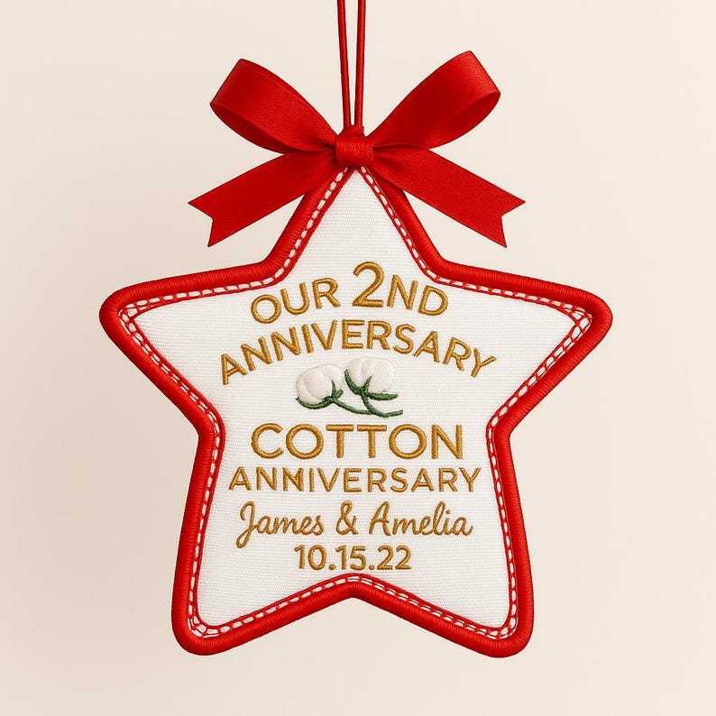 Personalized 2nd Anniversary Ornament: Embroidered Cotton Wedding Gift
