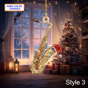 Musical Saxophone acrylic 2D flat Christmas ornament, festive tree hanging acrylic holiday decoration, unique saxophone musical holiday gift
