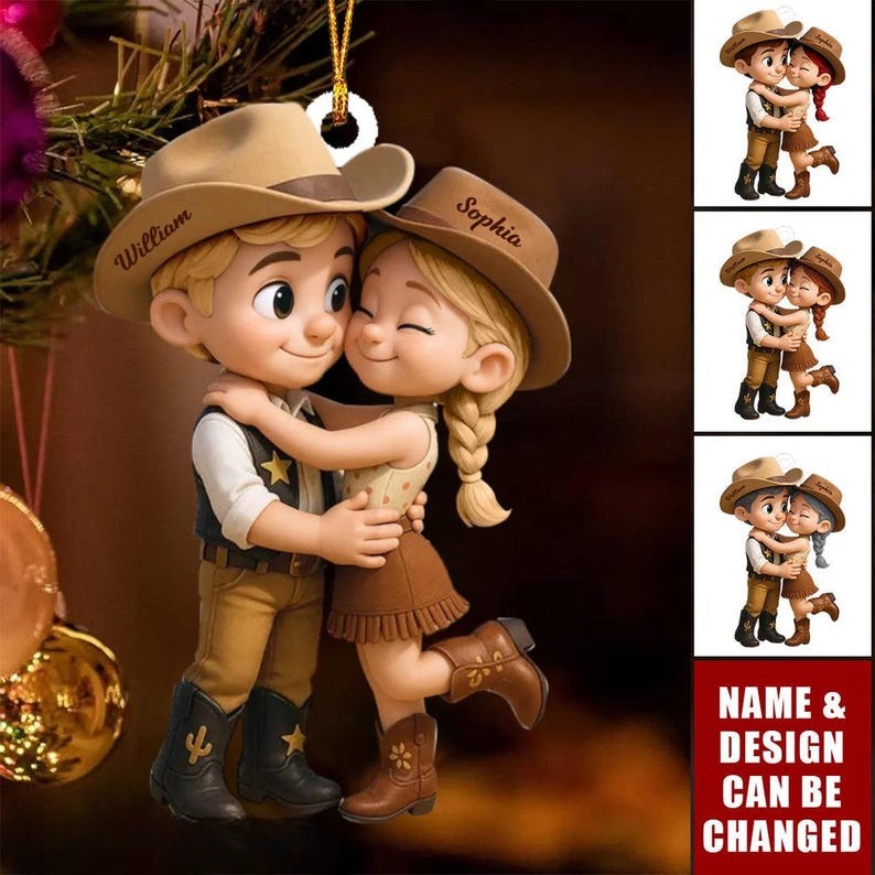 Custom Cartoon Countryside Couple Ornament, Personalized Acrylic Christmas Ornament with Cowboy and Cowgirl, Cute Western Love Keepsake Gift