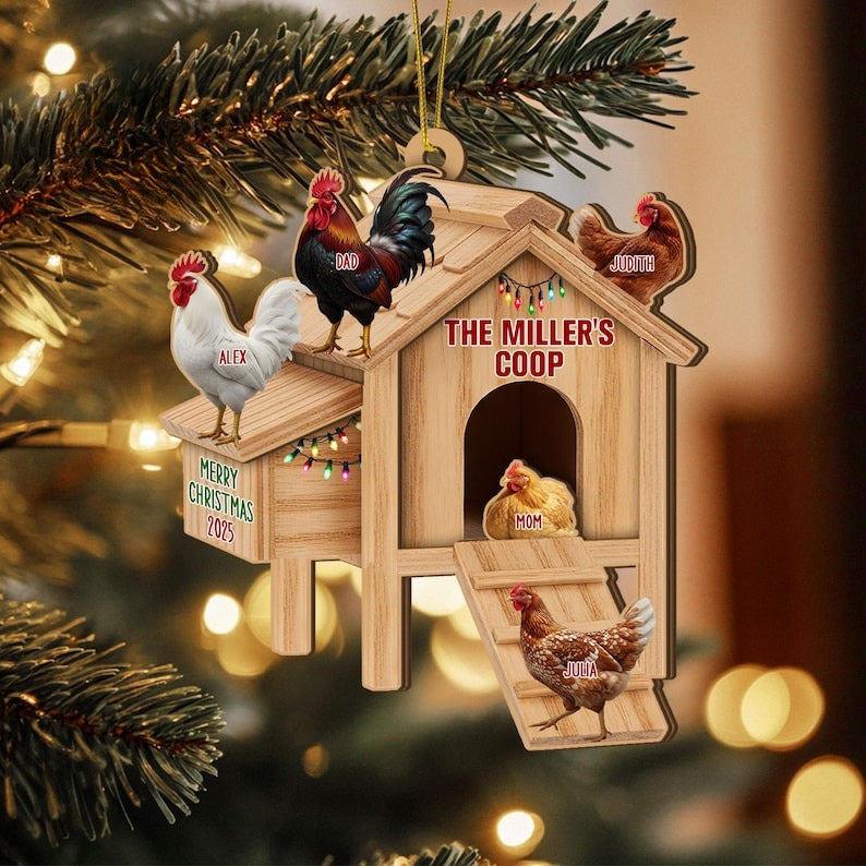 Custom 2 Layered Wooden Family Chicken Coop Ornament, Family Members Name Ornament, Chicken Coop Ornament With Name,Personalized Family Gift
