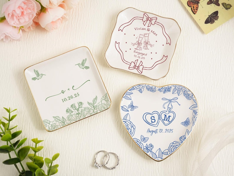 Custom Locked Engagement Ring Dish,Wedding Ring Dish,Ring Dish,Gifts for Her, Engagement Ring Tray,Initials Toile De Jouy Date Ring Dish