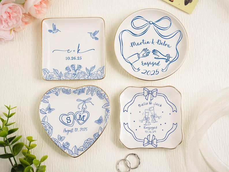 Custom Locked Engagement Ring Dish,Wedding Ring Dish,Ring Dish,Gifts for Her, Engagement Ring Tray,Initials Toile De Jouy Date Ring Dish